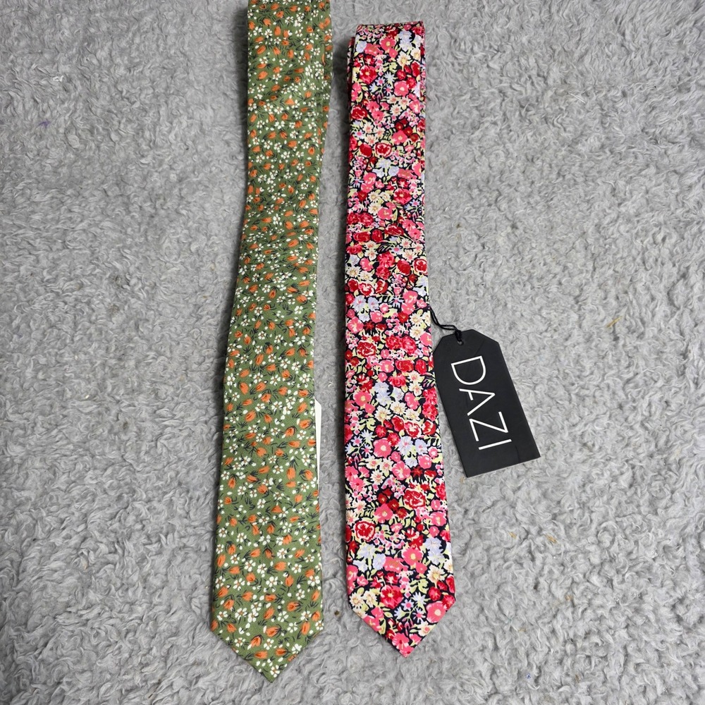 2 Dazi‎ Ties Cotton Floral Green Pink Skinny Ties Mens Unisex Handmade NWT